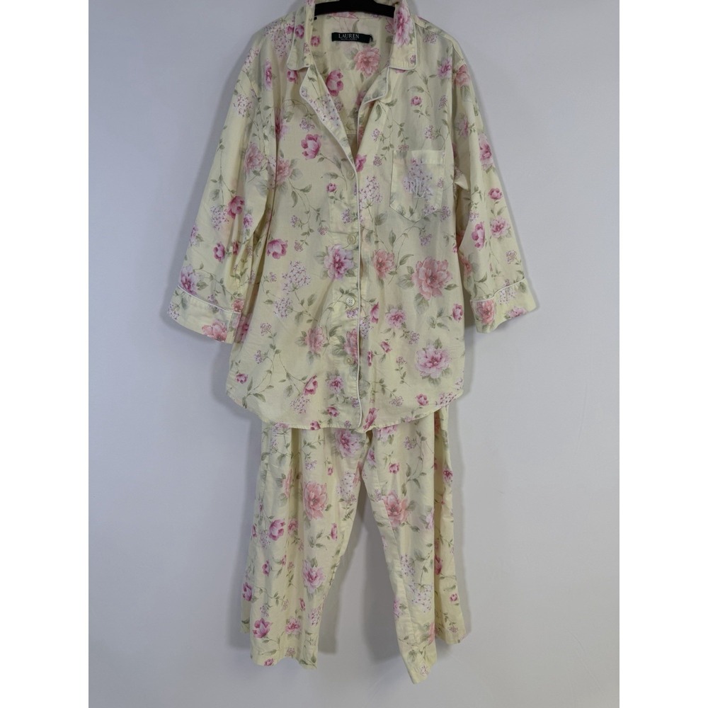 Lauren Ralph Lauren Pajama Set Womens M Yellow Floral Cotton Embroidered‎ Logo
